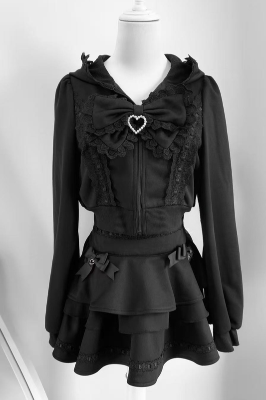 リボンガーリーキャットフードジップパーカー+フレアスカート