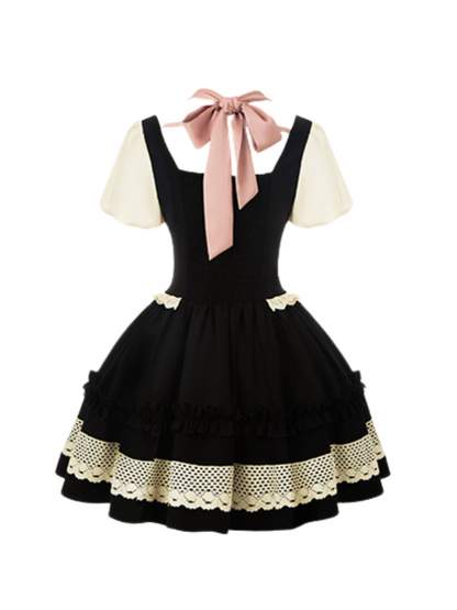 Black Pink Faux Two Piece Dress + Big Ribbon