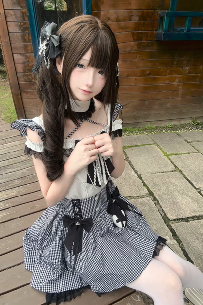 チェックオフショルダートップス+スカート