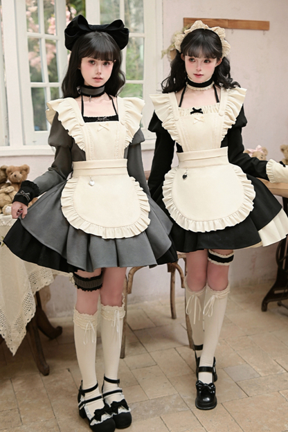 ツインフリルメイドロリータドレス+エプロン+チョーカー+ヘッドバンド+リボン+レッグカバー