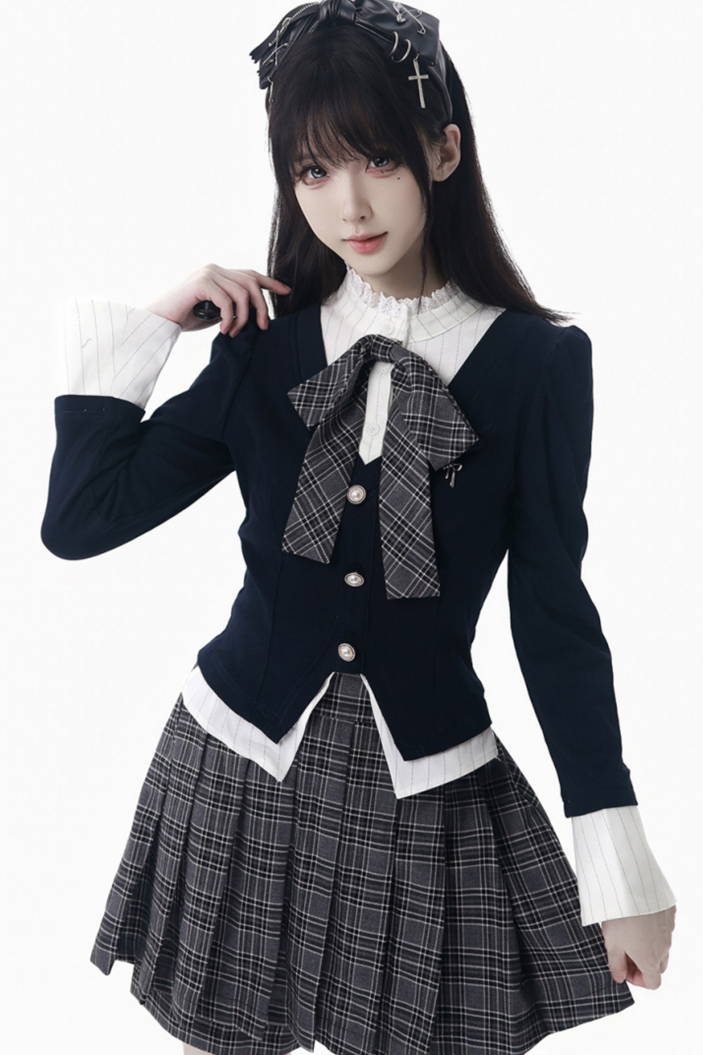 カレッジスリムフェイクツーピーストップス+チェックキュロット