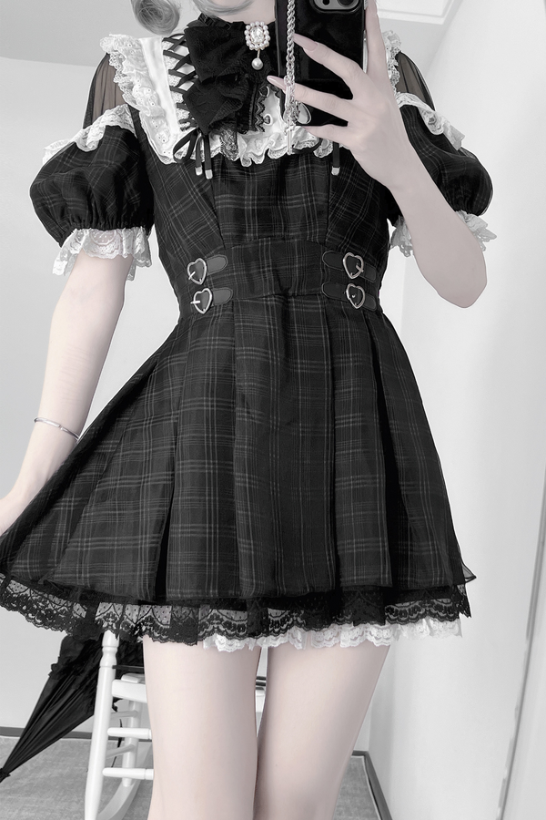 [Reserva] Vestido Dark Kawaii con Corazones y Cuadros Angelicales