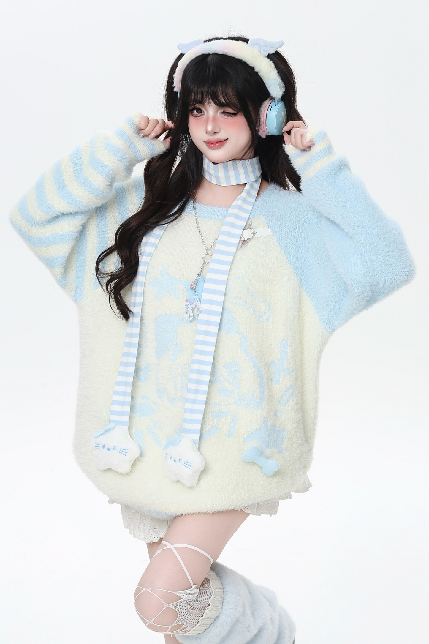 Hooded Loose Top with Striped Asymmetrical Ears