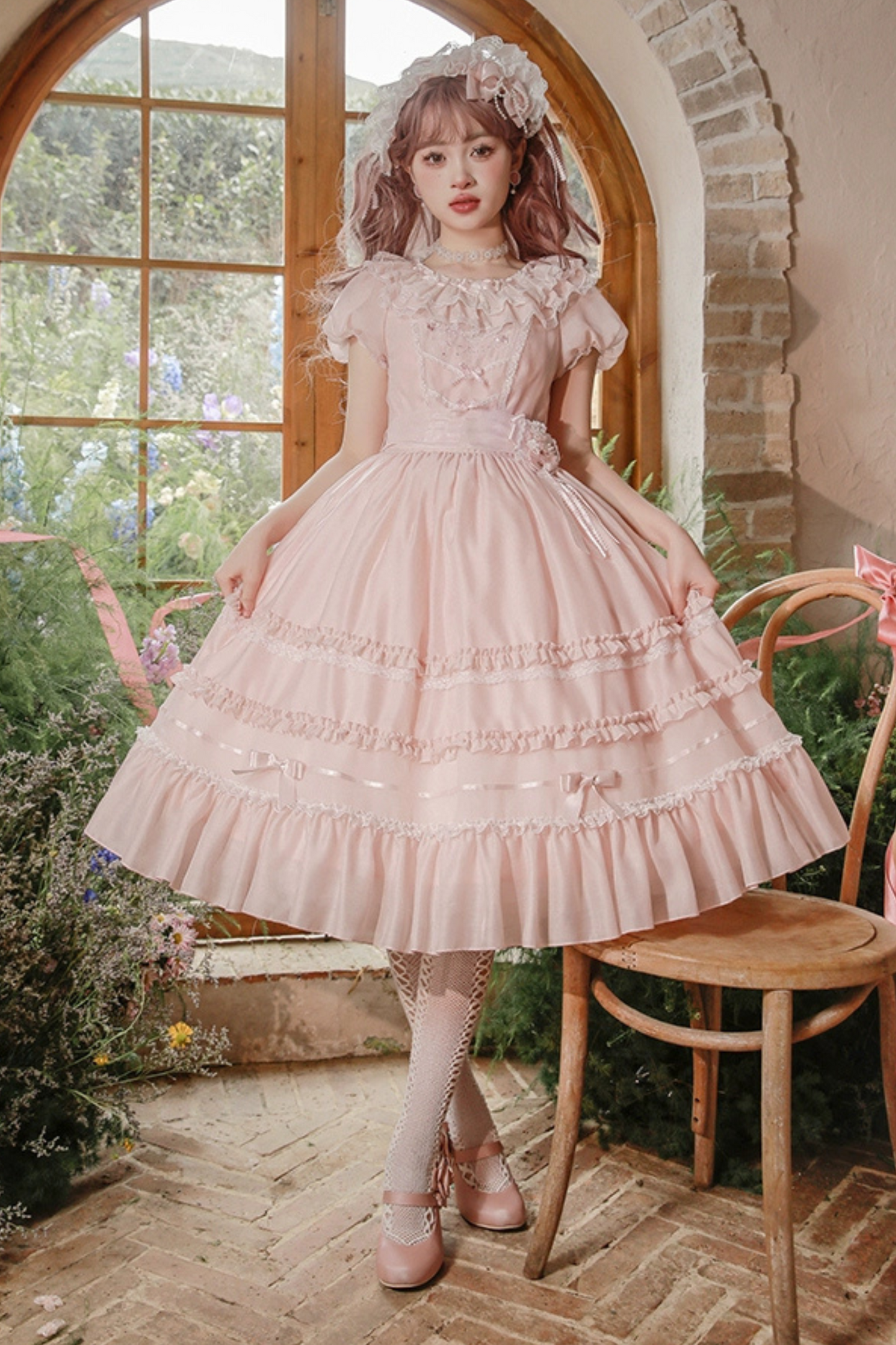 Cherry blossom color sweet princess Lolita dress + doll color top + sheer cardigan + apron