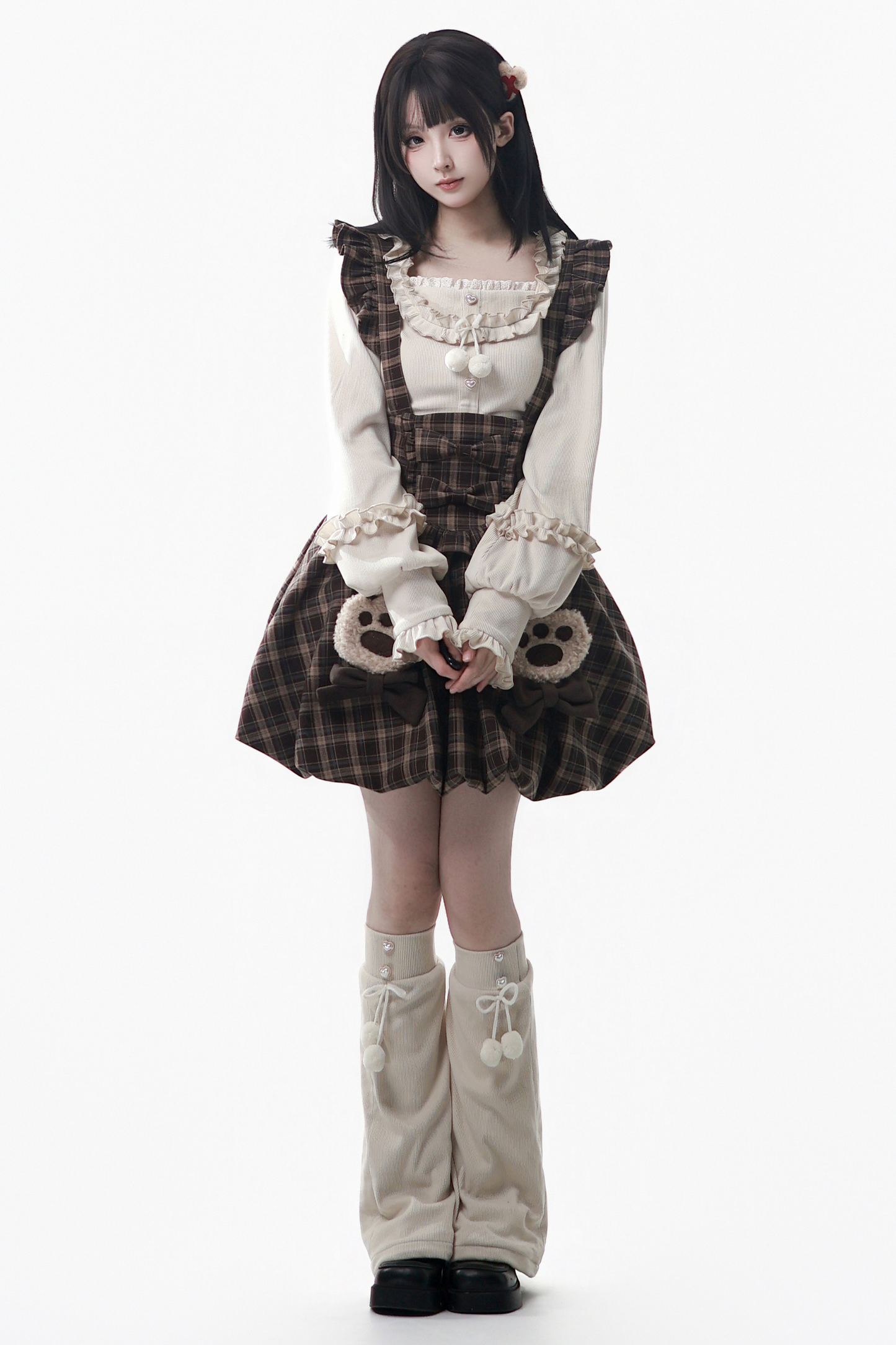 ベルベットベアフードケープ+トップス+サスペンダースカート+レッグカバー