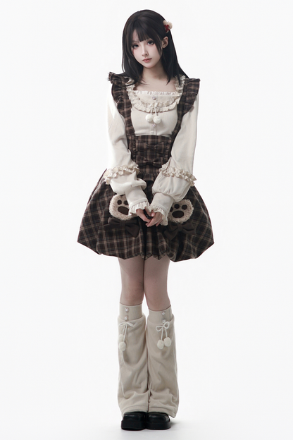 ベルベットベアフードケープ+トップス+サスペンダースカート+レッグカバー