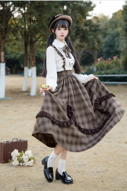 Elegant Check Suspender Skirt + Retro Blouse
