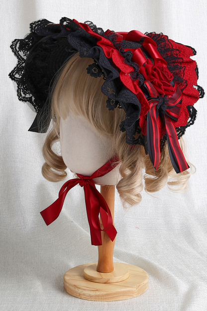 Dark Frilled Lolita Hairband + Flat Hat + Hat Clip + Ribbon Clip + Sleeve
