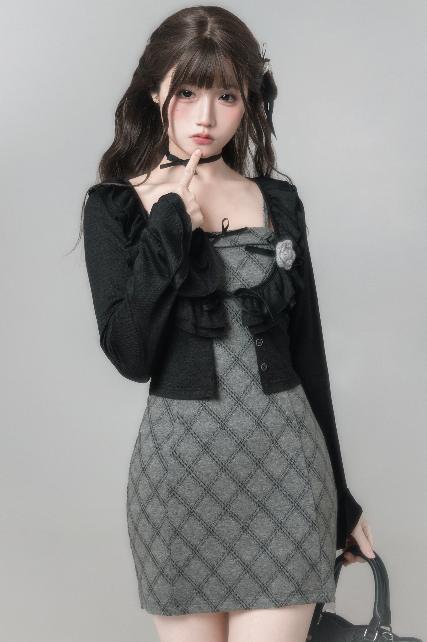 チェックキャミソールドレス+カーディガン