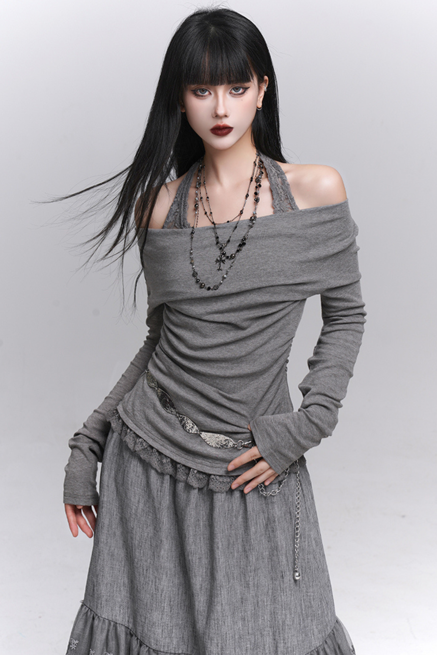 Faux two-piece one-shoulder top