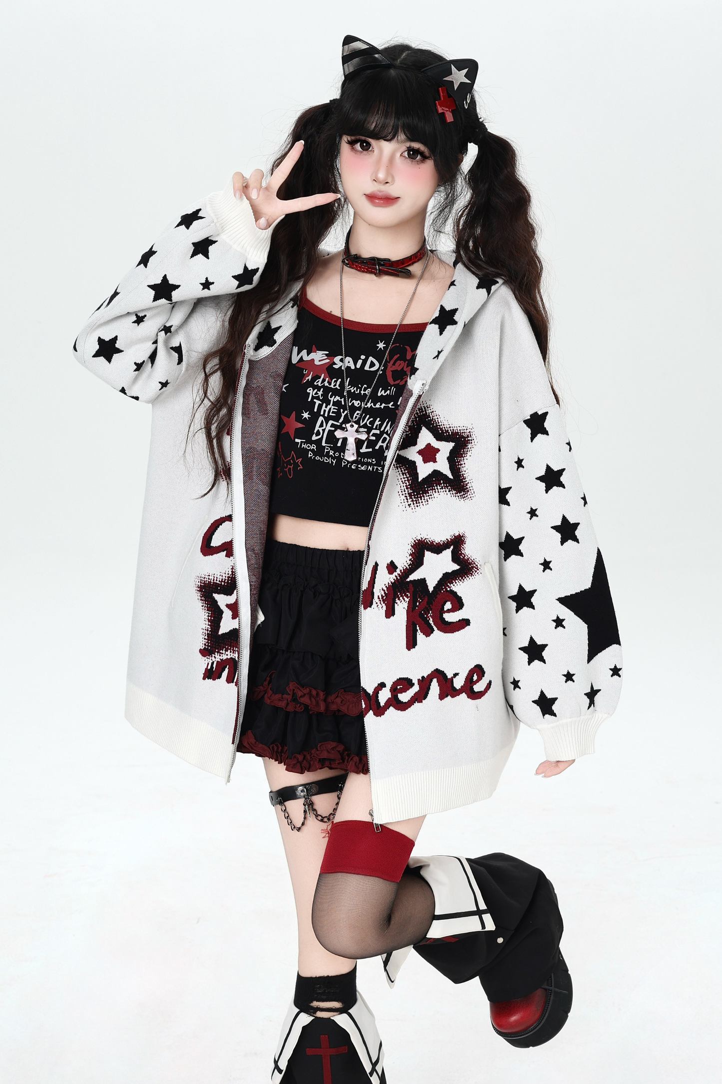 Star Gothic Bicolor Hooded Knit Cardigan