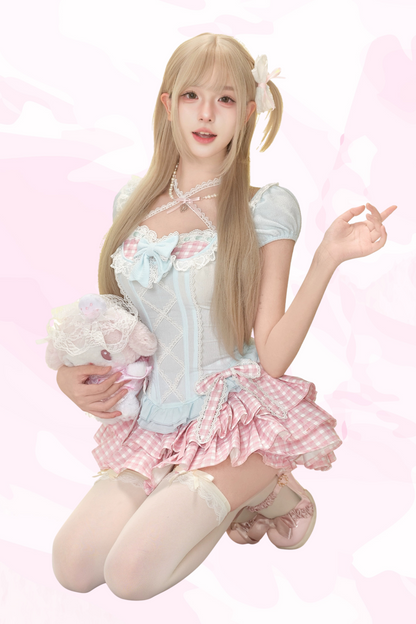 ミントコーンブルーリーリボン+ピンクチェックケーキスカート