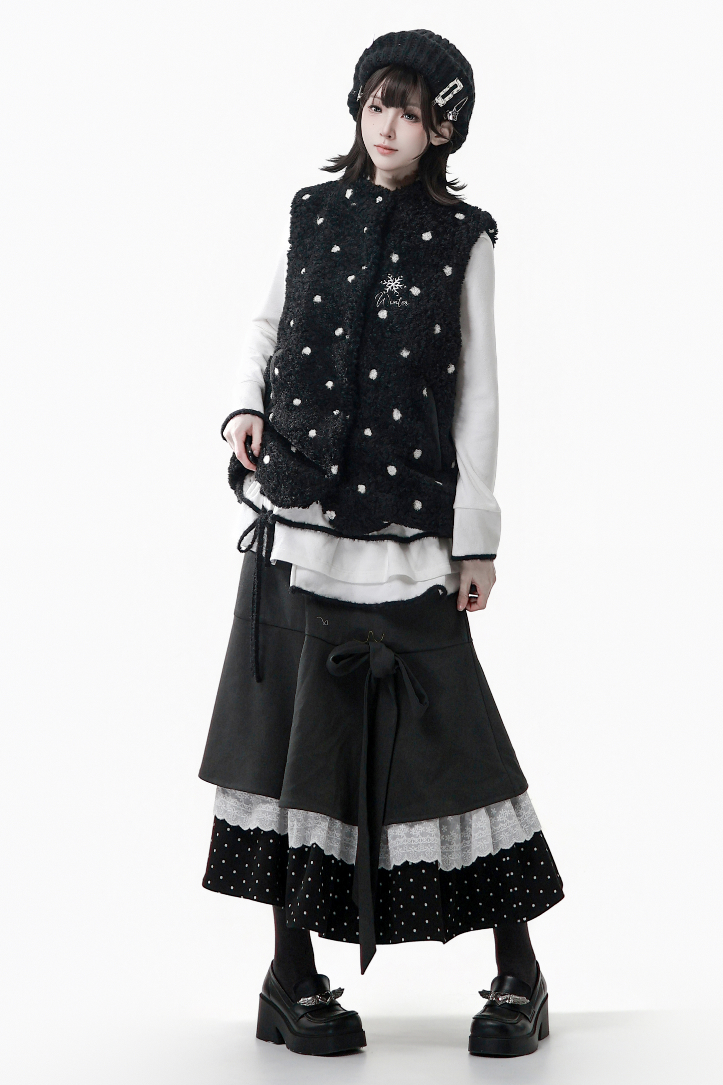 ポルカドットウィンターフリースジャケット+ベスト+トップス+スカートスカーフ