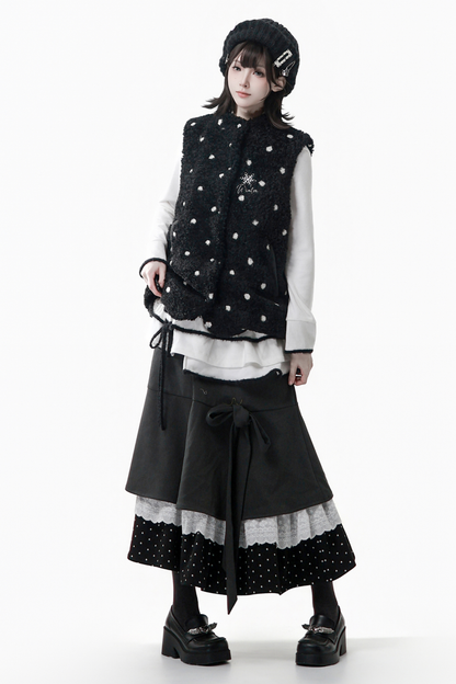 ポルカドットウィンターフリースジャケット+ベスト+トップス+スカートスカーフ