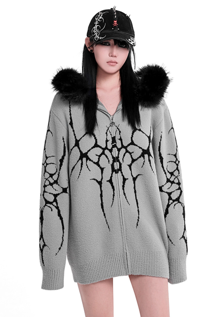 ゴシックファーフードルーズジップカーディガン