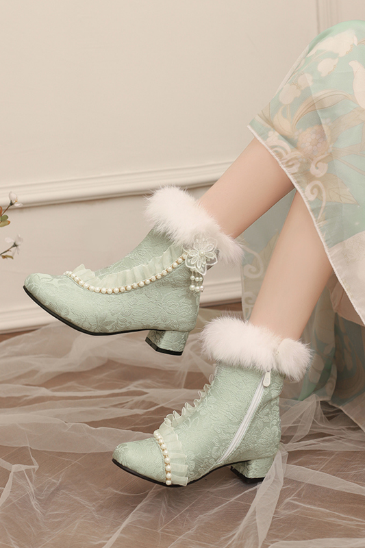 レースファーエレガントショートブーツ