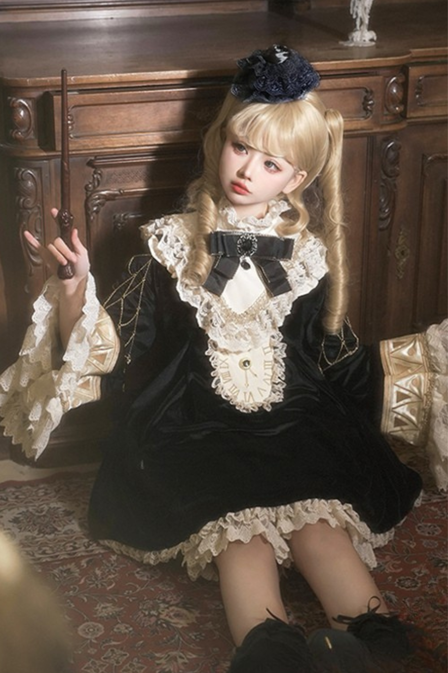 黒猫フリルクロックロリータドレス+パンプキンパンツ