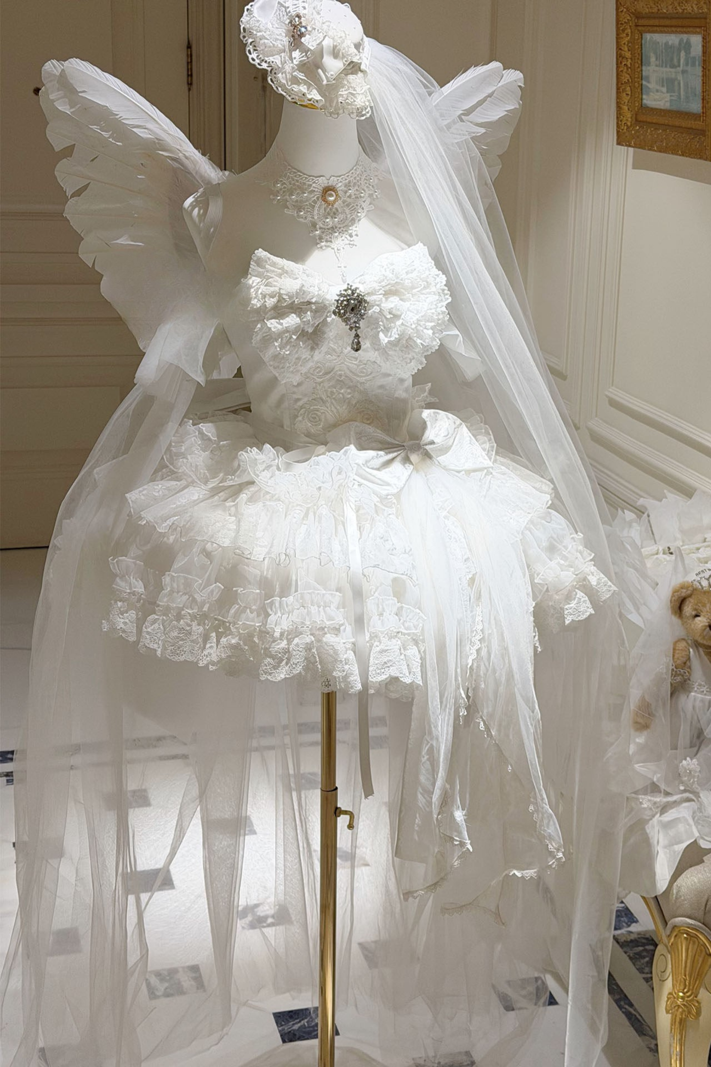 [Vorbestellung bis 4. April]Weißes Feder-Zeremonienkleid + Schal + Schwanz + Schleier + Schleife + Ärmel