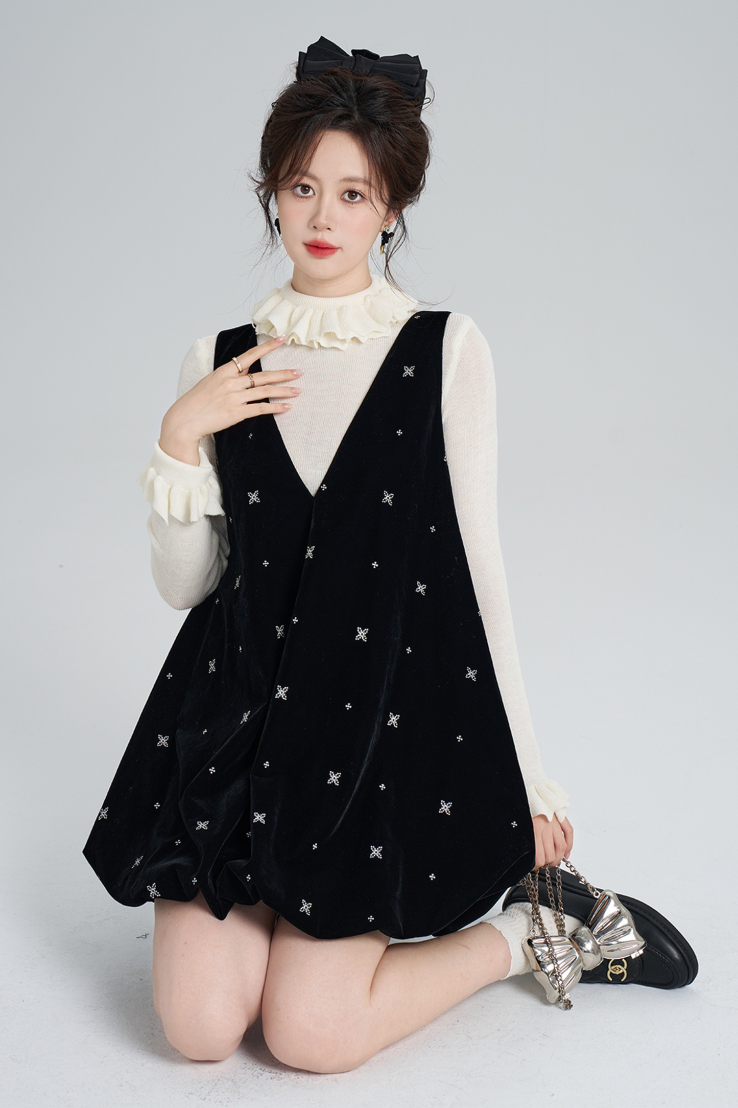 フレンチブラックベルベットリボンバルーンドレス