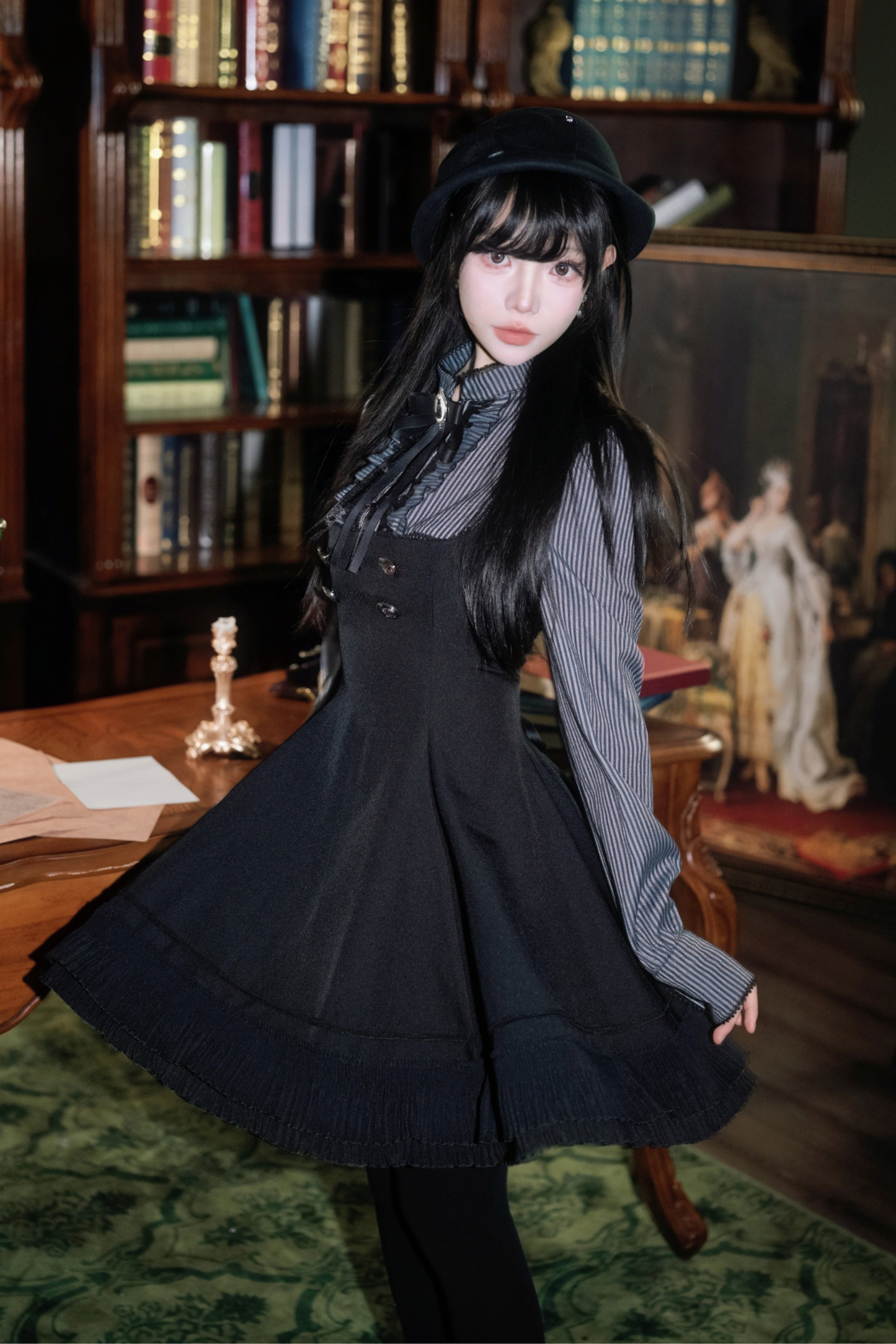 ダークフレンチパッチワークストライプドレス