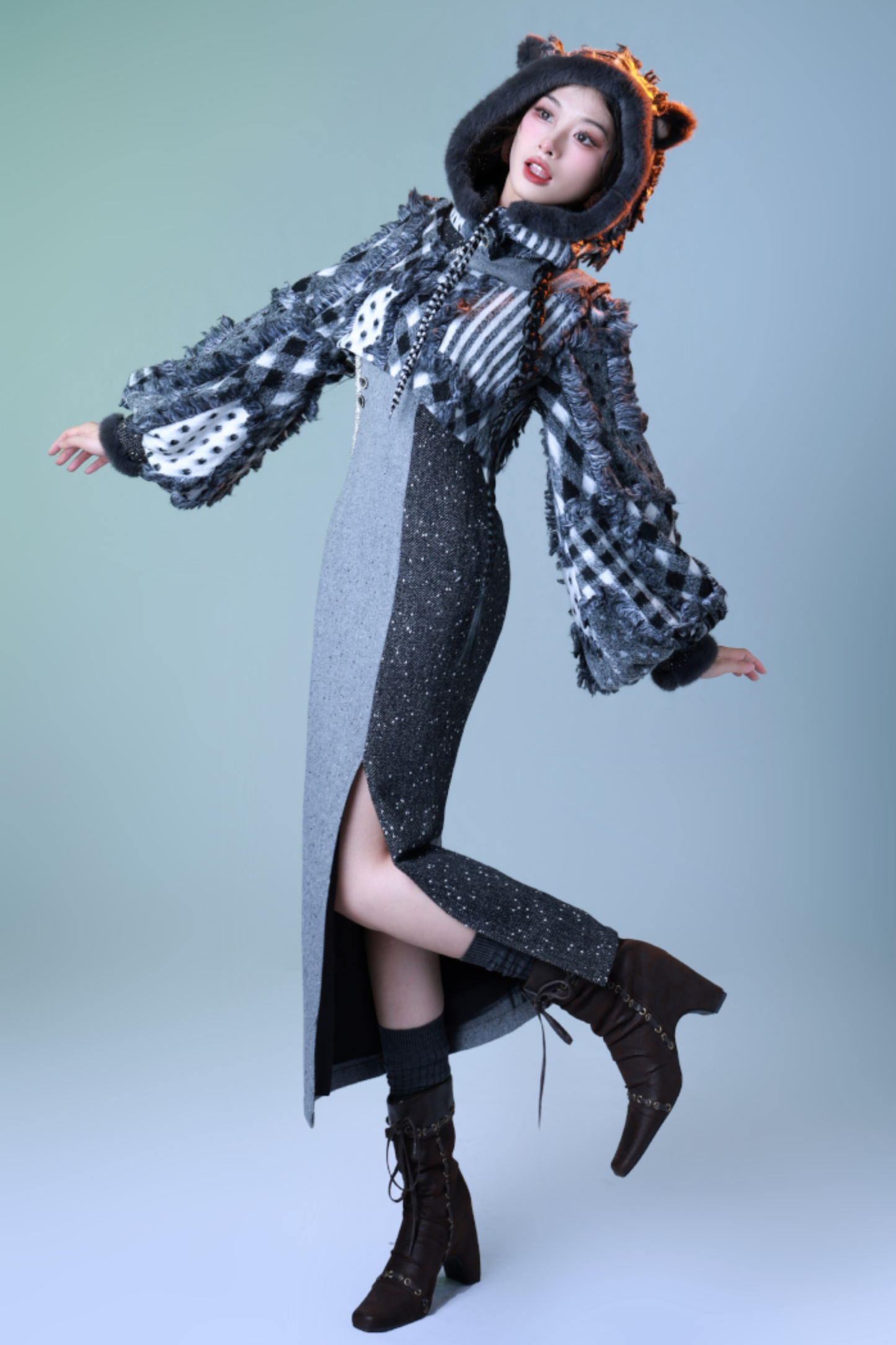 체크 디자인 모드 차이나 드레스