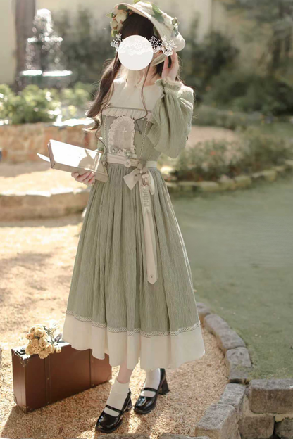 Retro Forest Elegant Dress + Belt + Badge