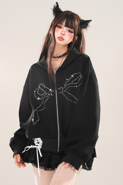 Loose Slim Black Lace-Up Hooded Hoodie