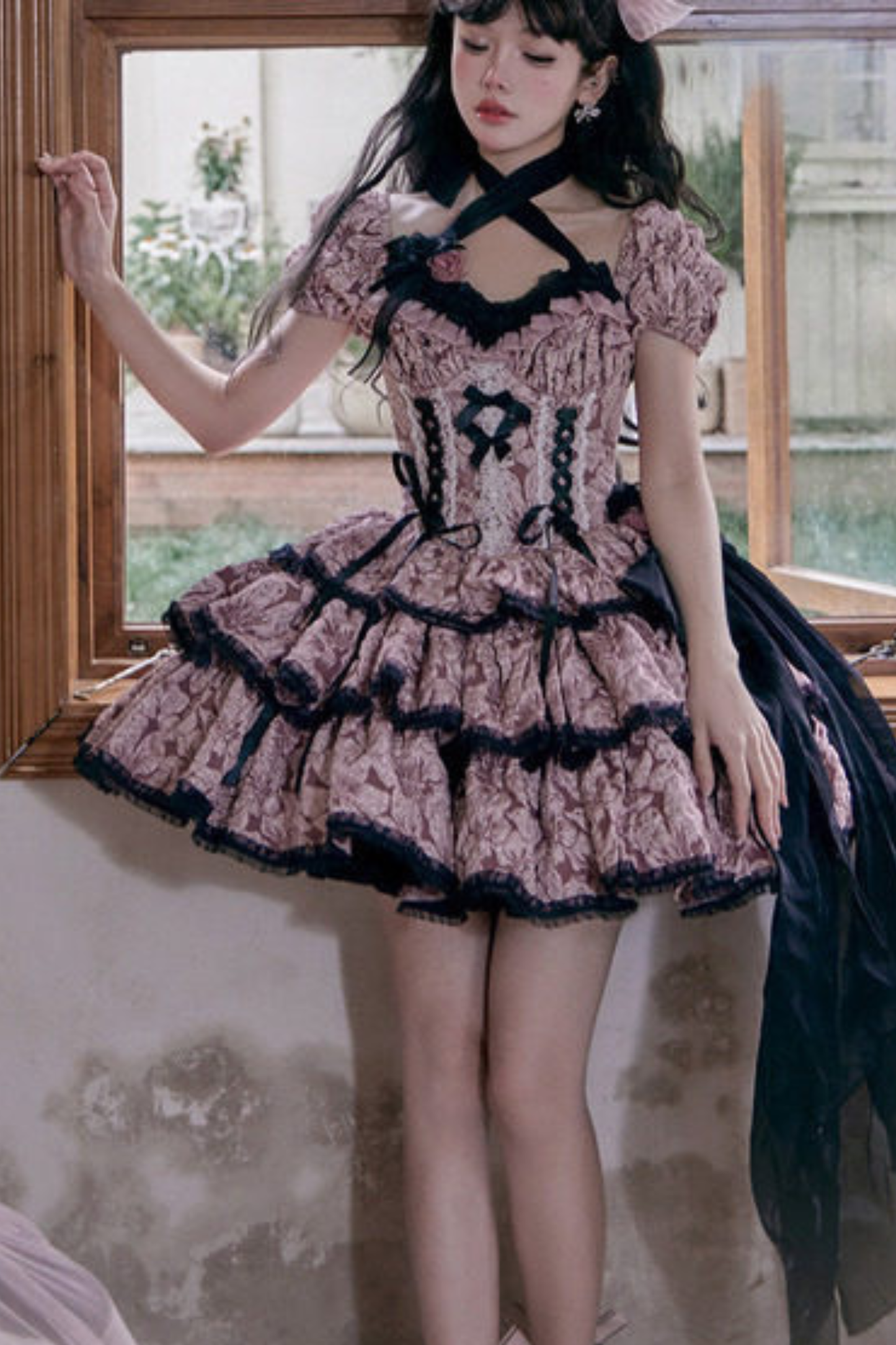 ダークピンクレースアップロリータドレス