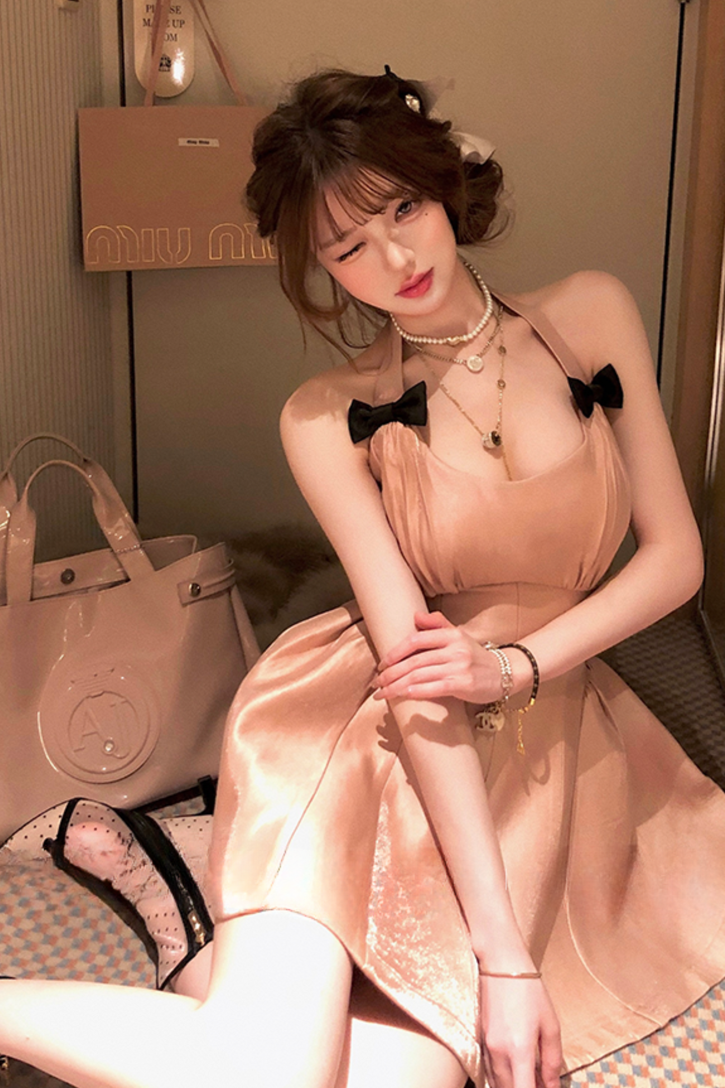 Ribbon Halter Neck Golden Puff Pure Dress