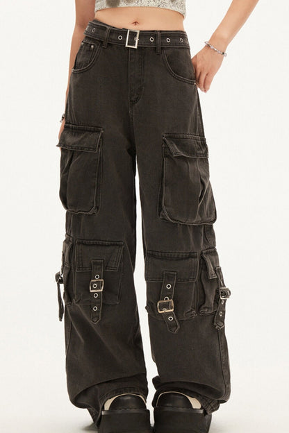 Lace-Up High-Rise Black Cargo Pants