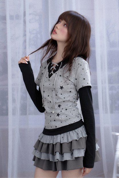 Y2K Star Design Faux Two Piece Hooded Top