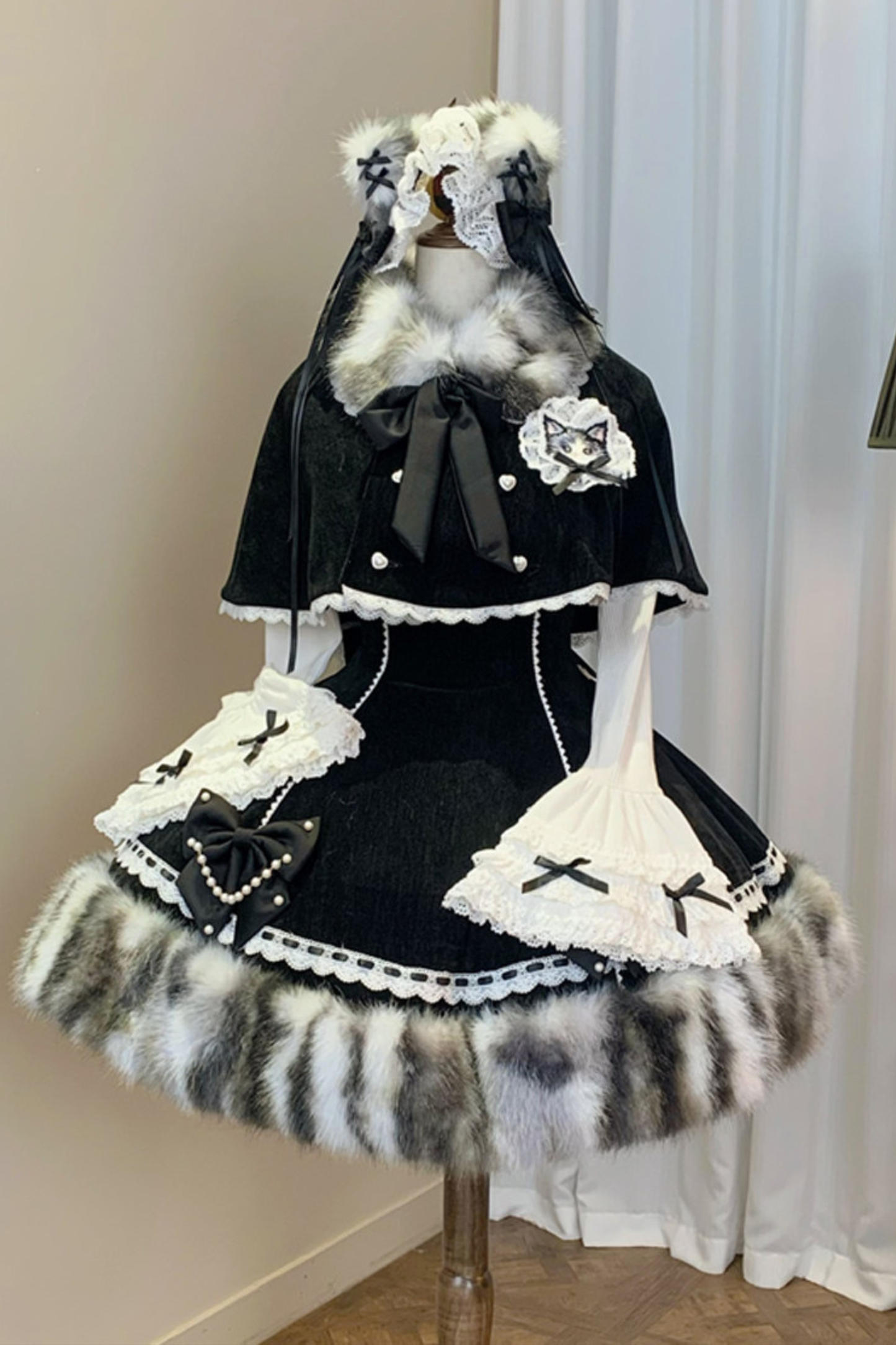Cat Fleece Lolita Cape + Snow Lolita Dress + Flared Sleeve Top
