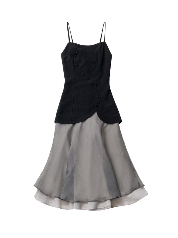 Calligraphy chiffon chiffon shirt + suspender top + skirt + dress