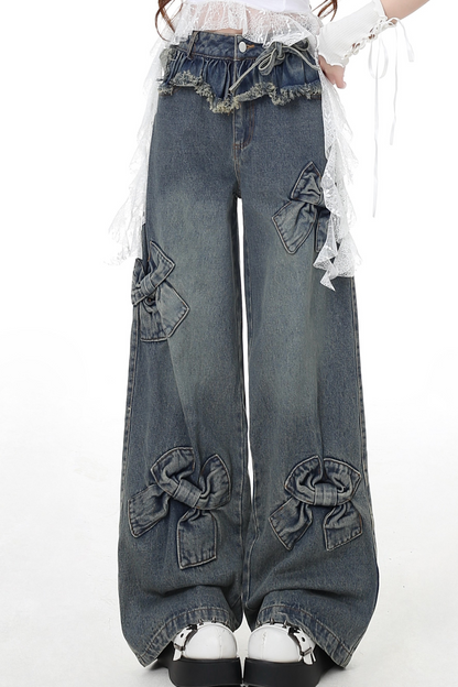 Retro Ribbon Denim Wide Loose Pants