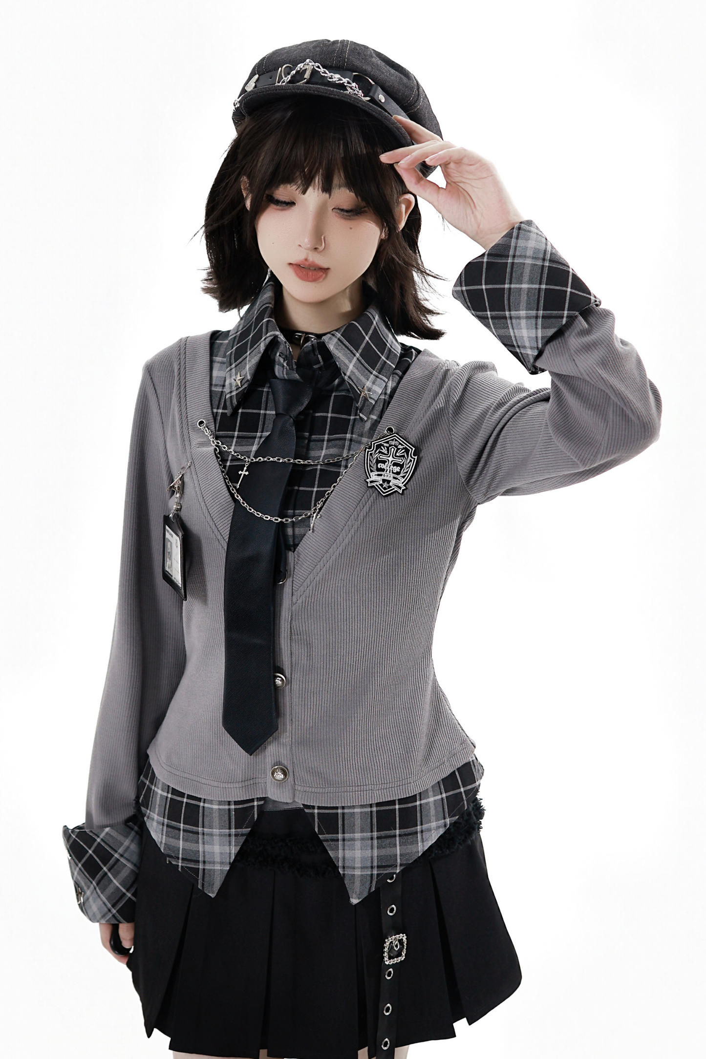 カレッジロールアップシャツ+スカート+ネクタイ