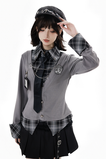 カレッジロールアップシャツ+スカート+ネクタイ