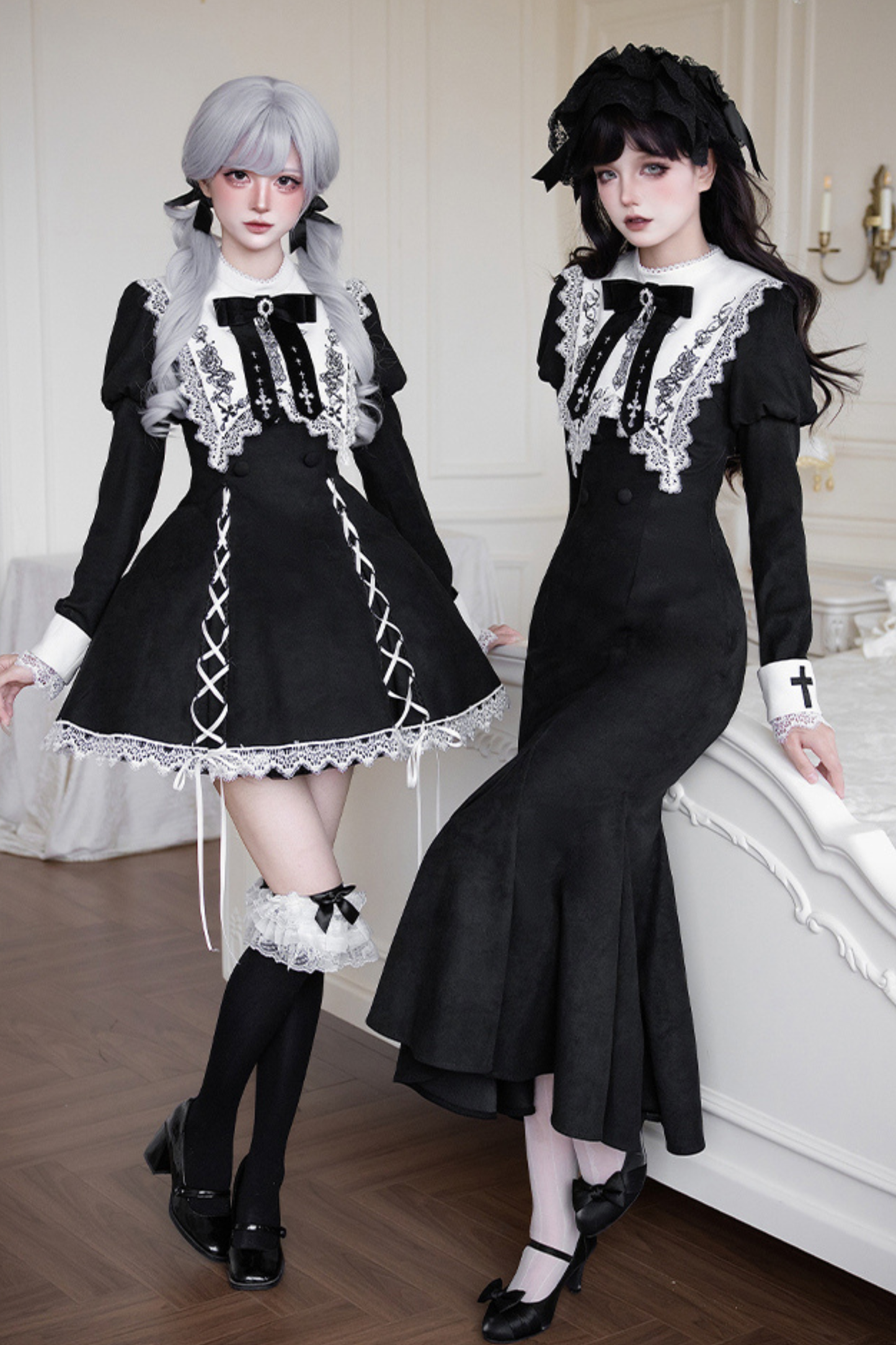 シックマーメイドドレス+レースアップショートドレス+マントコート+カラー+リボンブローチ