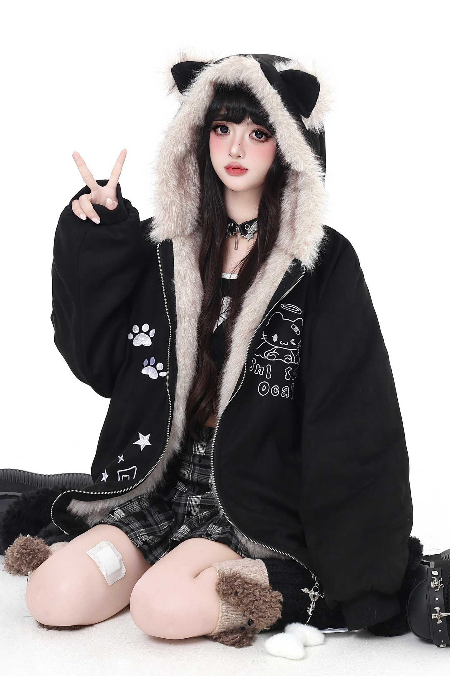 キャットファーフード付きジャケット