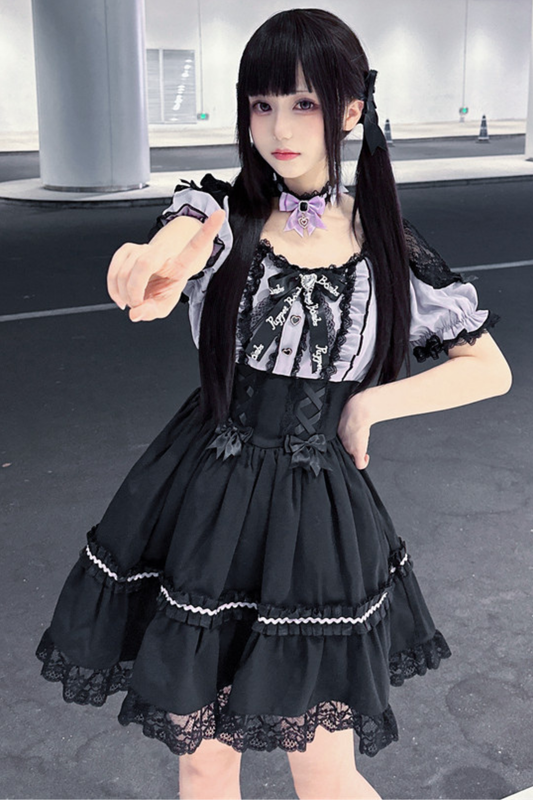 퍼플 레이스 스위트하트 원피스 + 리본 클립 + 목걸이