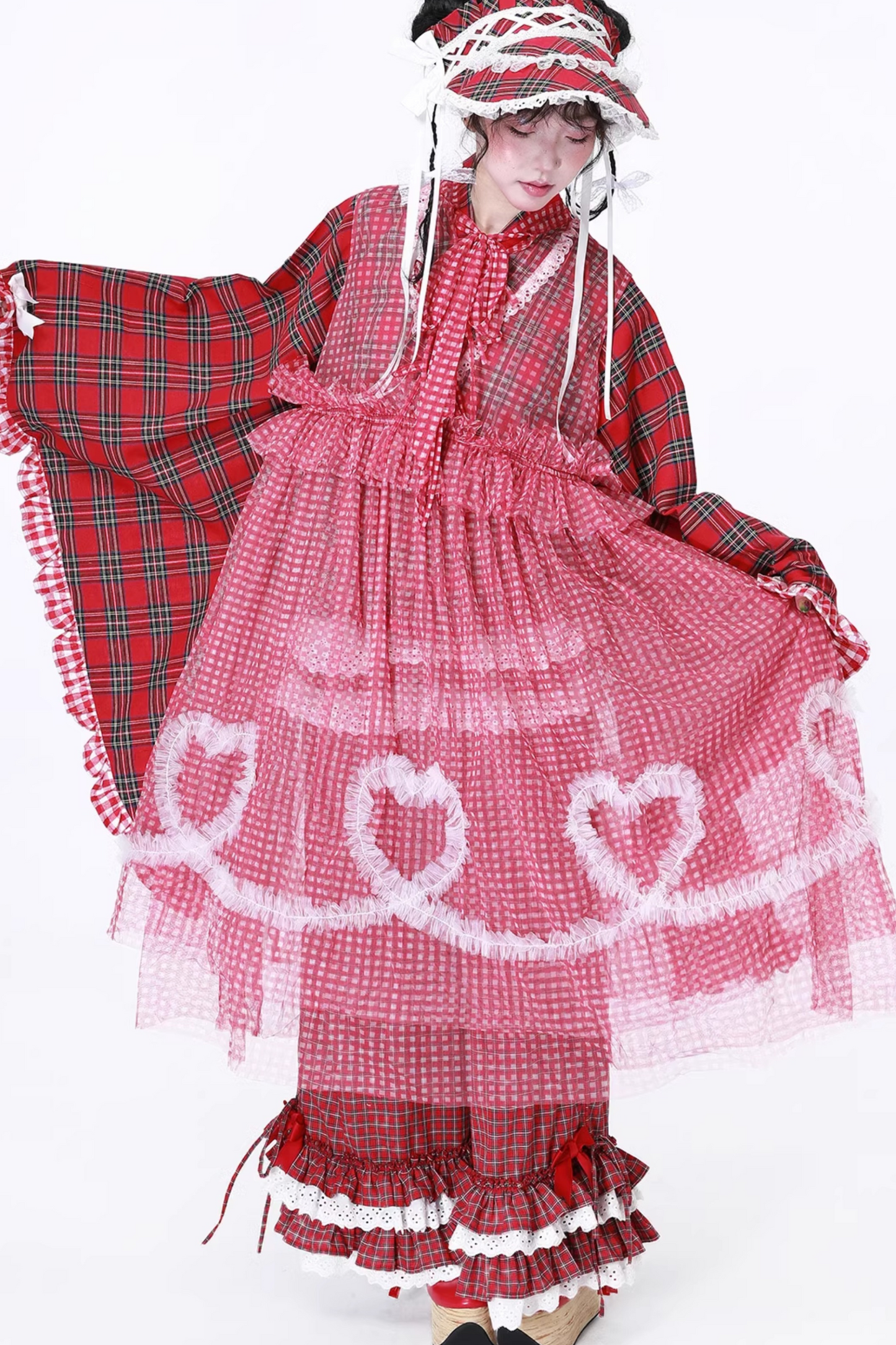 Retro Heart Mesh Plaid Skirt