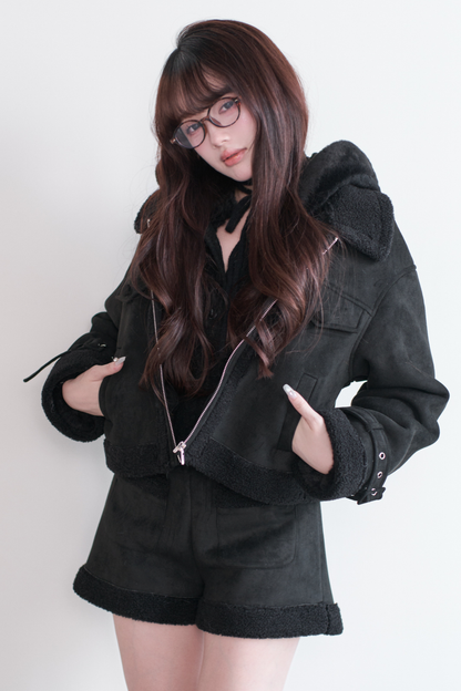 ファーショートコート+ショートパンツ