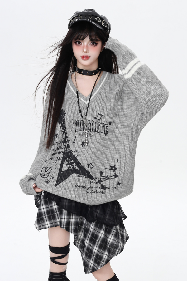 クールロックスタイルギターVネックルーズロングスリーブニット