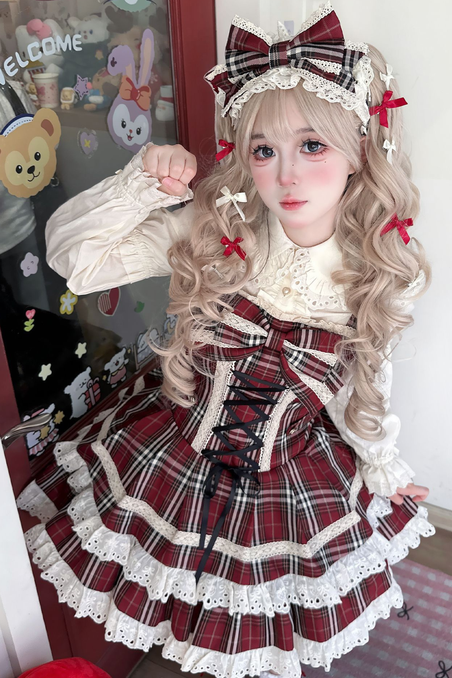 チェックレースアップロリータジャンパースカート+フリルブラウス