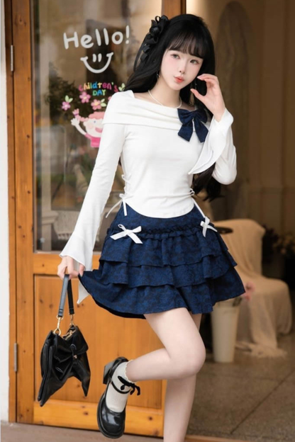 エレガントオフショルダートップス＋リボンスカート