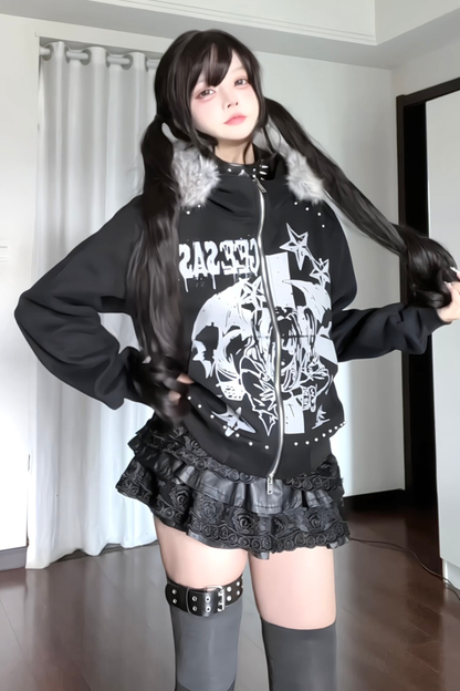 ファーカラーダークデザインフードパーカー