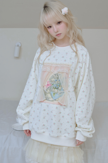 フローラルキャットレースカーテンスウェット