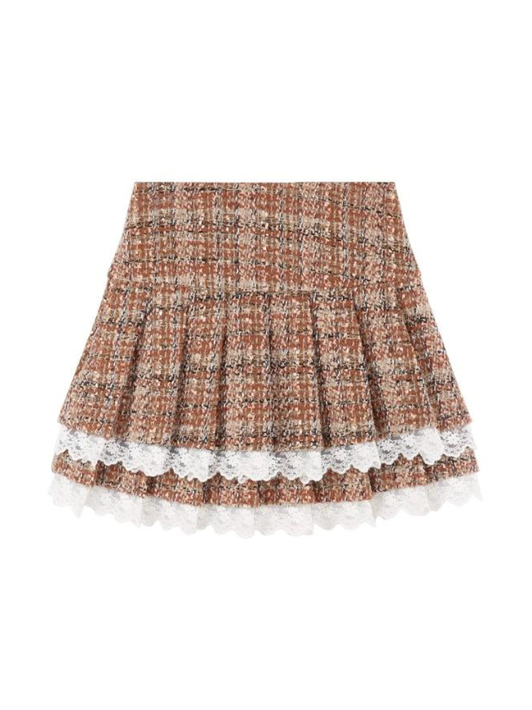 Check Wool Fragrance Lace Jacket + Pleated Tiered Skirt