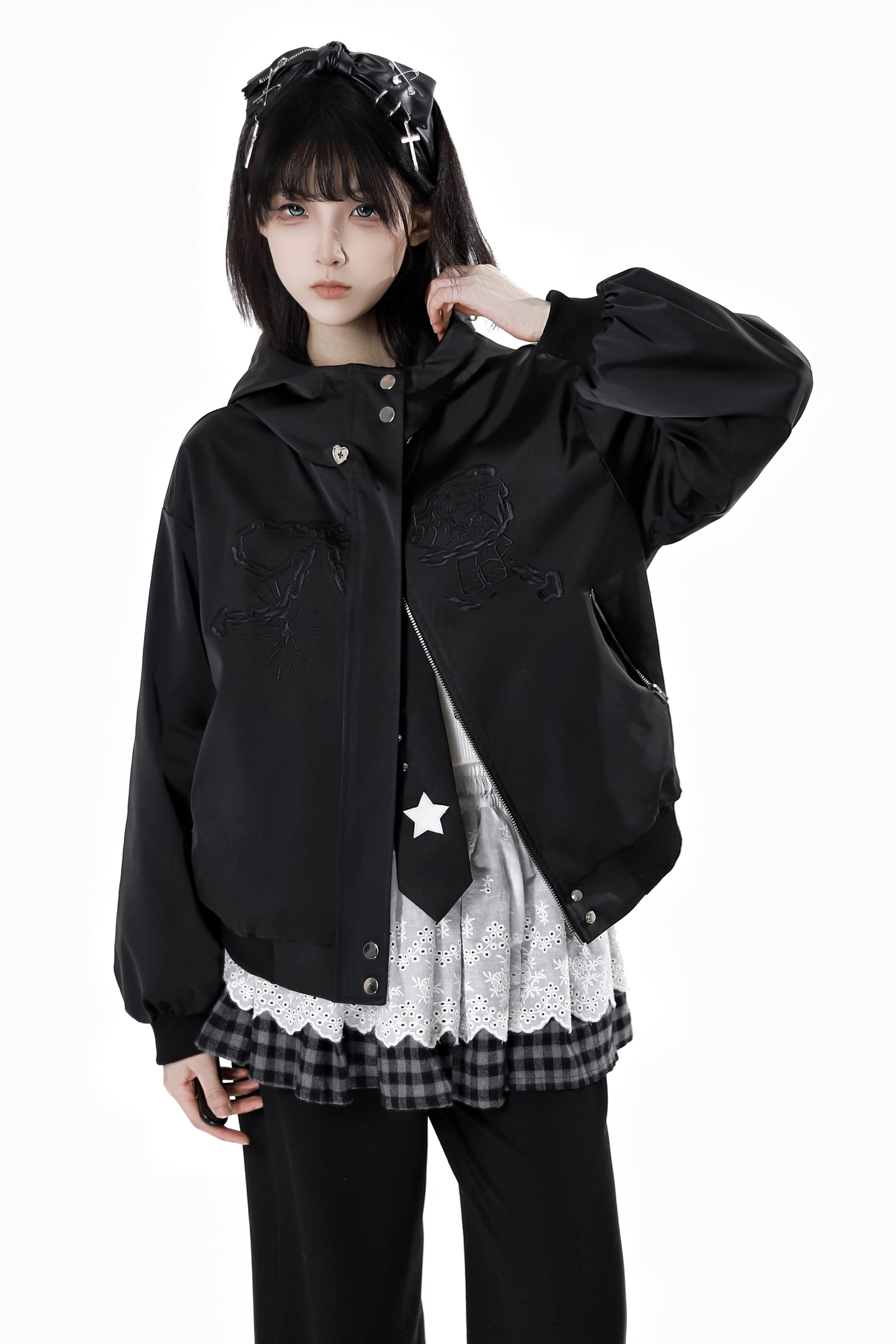 One-shoulder top + pants + hooded par jacket + skirt