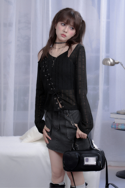 スパイシーレースアップフェイクツーピーストップス