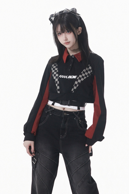 チェッカーボードオートバイジャケット+スウェット+デニムパンツ